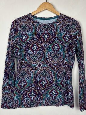 Talbots Women’s Cotton/Spandex Teal Purple Paisley Long Sleeve T Shirt Small